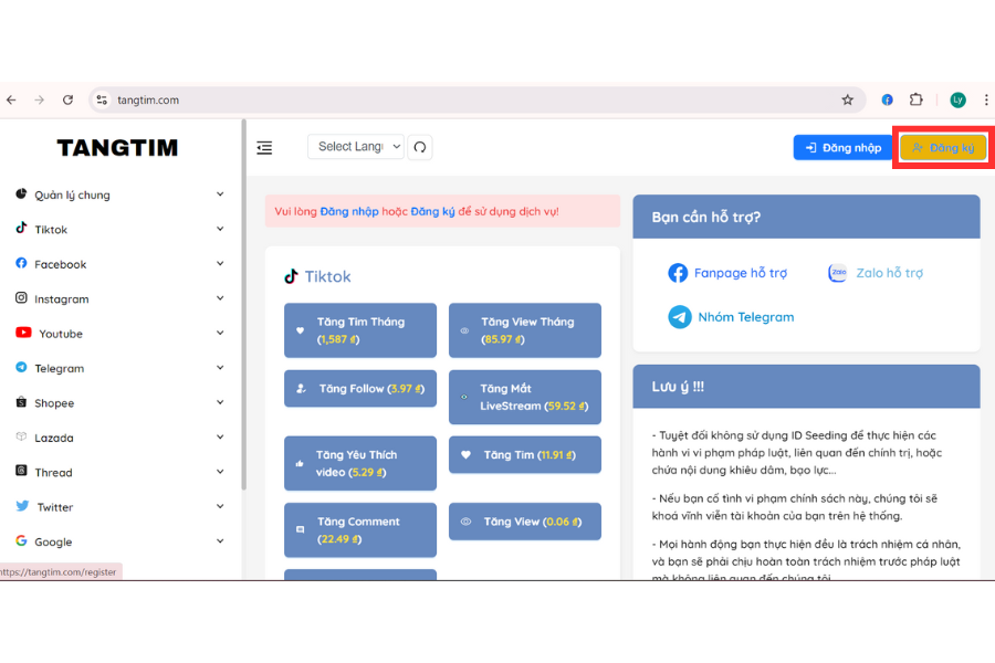 Đăng ký tài khoản tại TangTim.com